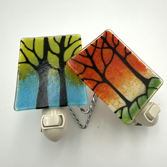 Lot Of 2 Fused Glass Tree Night Lights - Picture 1 of 6